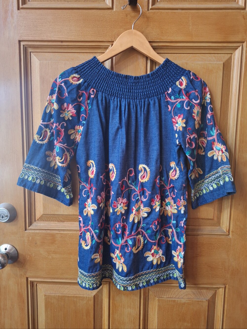 Navy Embroidered Off-Shoulder Peasant Tunic